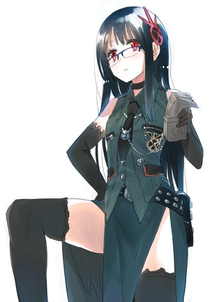Anime picture 636x897 with original pine single long hair tall image looking at viewer fringe black hair simple background red eyes white background bare shoulders bent knee (knees) girl thighhighs gloves uniform hair ornament black thighhighs black gloves