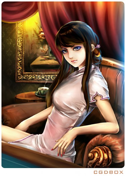 Anime picture 800x1119 with original dxlsmax (lizhimin) single long hair tall image looking at viewer fringe breasts blue eyes brown hair large breasts sitting nail polish light smile steam girl hair ornament couch mug picture