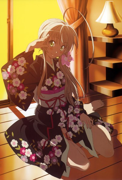 Anime picture 1889x2792 with haiyore! nyaruko-san nyaruko single long hair tall image blush highres smile sitting green eyes silver hair ahoge ponytail lying traditional clothes japanese clothes barefoot hair flower sunlight side ponytail