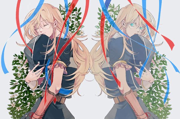 Anime picture 1000x662 with touken ranbu nitroplus midare toushirou maru0one long hair fringe simple background blonde hair hair between eyes standing looking away eyes closed aqua eyes puffy sleeves otoko no ko dual persona hat removed boy flower (flowers) ribbon (ribbons)