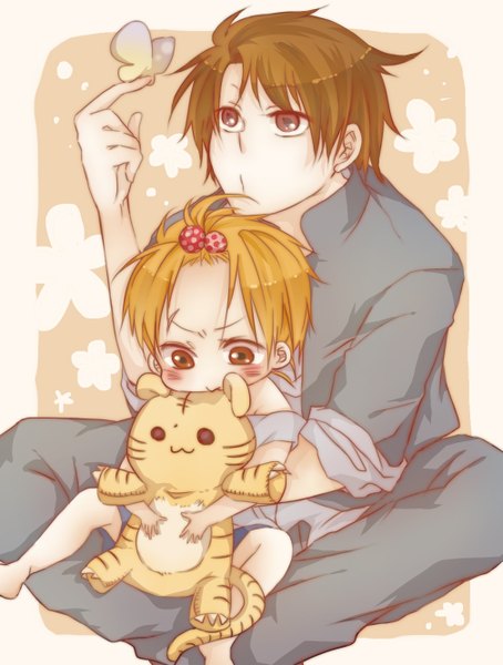 Anime picture 1008x1332 with beelzebub studio pierrot oga tatsumi toujou hidetora tall image blush short hair simple background blonde hair brown hair sitting bare shoulders brown eyes barefoot twisty sleeves boy insect butterfly toy stuffed animal