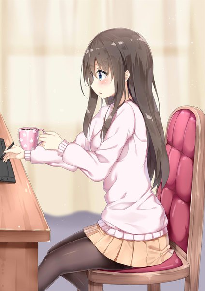 Anime picture 1200x1697 with original wacom rong yi tan single long hair tall image blush fringe breasts blue eyes brown hair sitting holding payot looking away indoors long sleeves pleated skirt blurry depth of field