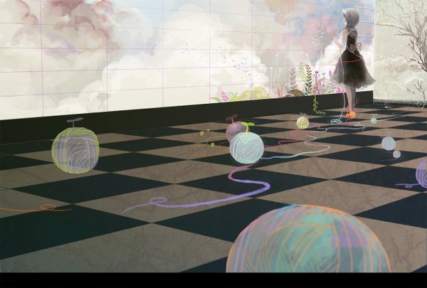Anime picture 1280x866 with original sarnath cloud (clouds) grey hair from behind checkered floor checkered girl dress plant (plants) tree (trees) ball