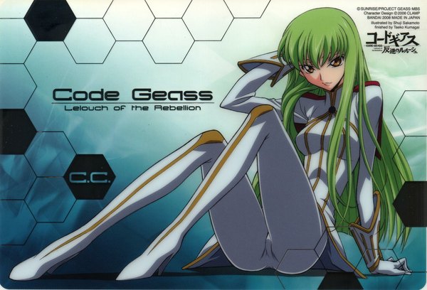 Anime picture 2348x1600 with code geass sunrise (studio) c.c. single long hair looking at viewer fringe highres light erotic sitting brown eyes green hair inscription girl uniform