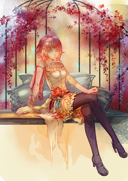 Anime picture 800x1132 with original pixiv fantasia pixiv fantasia t afra single tall image fringe short hair breasts bare shoulders pink hair pink eyes lips arm support crossed legs eyebrows girl dress flower (flowers) pantyhose