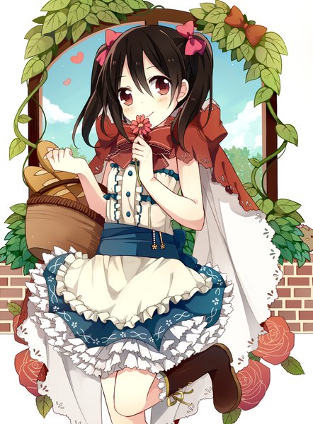 Anime picture 800x1084 with love live! school idol project little red riding hood sunrise (studio) love live! yazawa nico little red riding hood (character) yimu single long hair tall image blush fringe black hair smile hair between eyes red eyes standing twintails sky bent knee (knees)