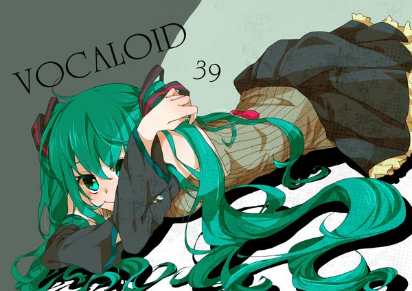 Anime picture 1980x1400 with vocaloid hatsune miku yamabukiiro single long hair highres twintails green eyes lying green hair 39 girl dress detached sleeves