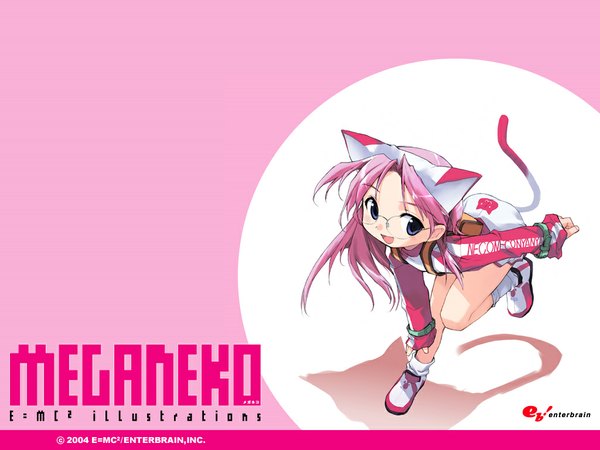 Anime picture 1024x768 with e=mc2 (mosimosi) blue eyes animal ears pink hair full body tail cat girl pink background girl glasses backpack