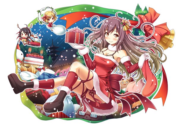 Anime picture 1695x1200 with original akashio (loli ace) long hair looking at viewer blush blonde hair smile red eyes brown hair multiple girls brown eyes christmas chibi girl dress bow detached sleeves socks boots sweets