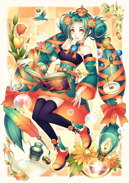 Anime picture 1000x1415 with original falseele single tall image open mouth smile twintails bare shoulders very long hair aqua hair orange eyes girl thighhighs dress flower (flowers) ribbon (ribbons) black thighhighs hair ribbon detached sleeves animal