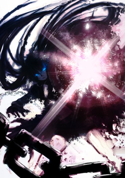 Anime picture 1240x1754 with black rock shooter black rock shooter (character) urami (artist) single long hair tall image blue eyes black hair twintails signed glow girl weapon gun chain huge weapon