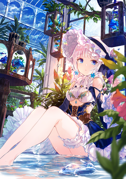 Anime picture 566x800 with original fuzichoco single long hair tall image looking at viewer fringe blue eyes light erotic sitting sky cloud (clouds) white hair blunt bangs barefoot hair flower blurry :o depth of field girl