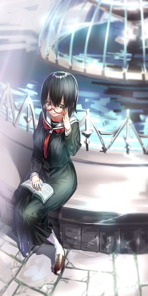 Anime picture 1158x2315 with original rolua single tall image short hair black hair sitting from above adjusting glasses girl water glasses shoes book (books) neckerchief loafers fountain