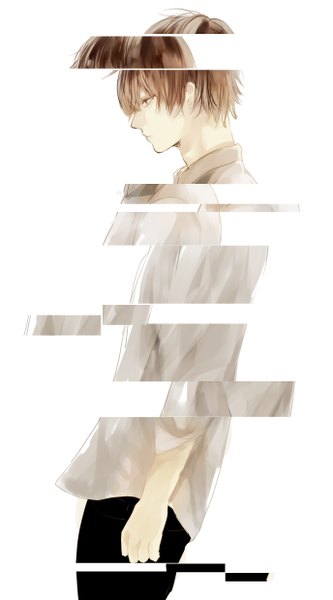 Anime picture 1375x2479 with original parel (artist) single tall image short hair simple background brown hair white background brown eyes profile tears crying boy shirt