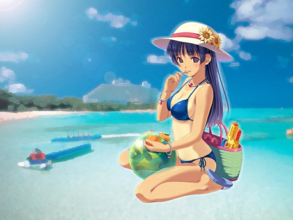 Anime picture 1024x768 with blue eyes blue hair sky cloud (clouds) beach swimsuit hat bikini water bracelet sea jewelry side-tie bikini ball watercraft ship water gun