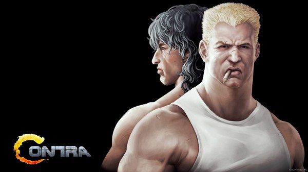 Anime picture 1920x1080 with contra 4 konami bill raizer lance bean looking at viewer highres short hair black hair blonde hair wide image grey eyes dark background scar muscle frown boy cigar