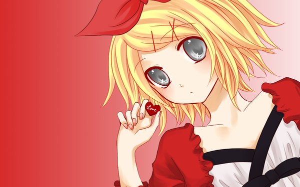 Anime picture 1920x1200 with vocaloid kagamine rin highres short hair blonde hair wide image red background girl heart