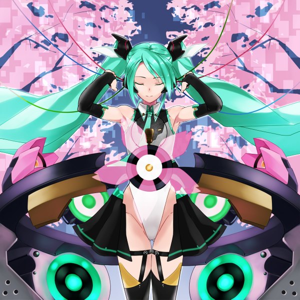 Anime picture 1239x1239 with vocaloid hatsune miku nana g single bare shoulders eyes closed very long hair aqua hair cherry blossoms girl headphones