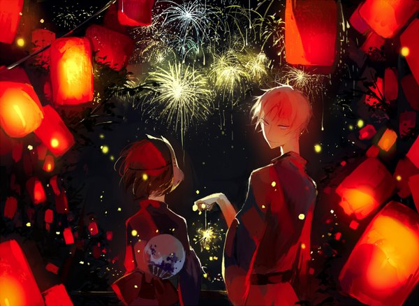 Anime picture 1500x1095 with hotarubi no mori e gin (hotarubi no mori e) takegawa hotaru yi chuan fringe short hair standing holding looking away traditional clothes japanese clothes looking back from behind night wide sleeves alternate costume fireworks girl boy mask