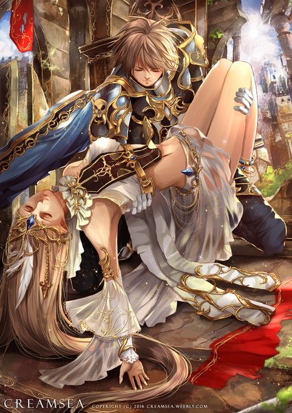 Anime picture 724x1024 with original creamsea long hair tall image fringe short hair breasts blonde hair hair between eyes brown hair twintails bare shoulders holding signed sky bent knee (knees) lying eyes closed pointy ears sunlight