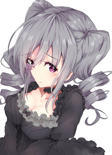 Anime picture 1371x1888 with idolmaster idolmaster cinderella girls kanzaki ranko minikon single long hair tall image blush fringe breasts simple background smile hair between eyes white background twintails purple eyes payot looking away silver hair upper body