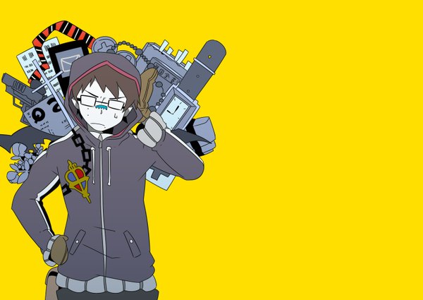 Anime picture 1430x1014 with ao no exorcist a-1 pictures okumura yukio short hair black hair simple background hand on hip yellow background boy glasses hood chain jewelry clock pistol pocket watch mittens