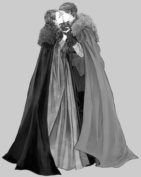 Anime picture 800x1000 with a song of ice and fire sansa stark theon greyjoy siuuu long hair tall image short hair simple background eyes closed profile grey background couple holding hands monochrome wavy hair kiss girl boy gloves cape