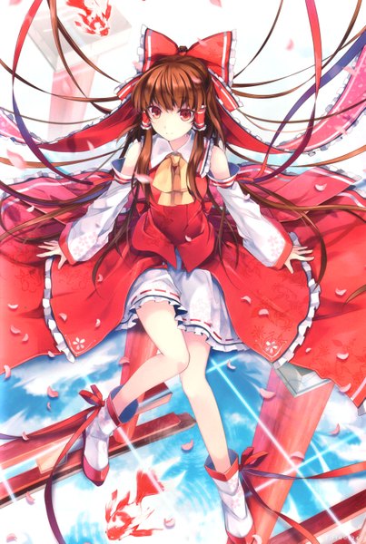 Anime picture 4000x5947 with touhou hakurei reimu 6u (eternal land) single long hair tall image highres red eyes brown hair absurdres scan miko girl bow ribbon (ribbons) hair bow detached sleeves petals fish (fishes)