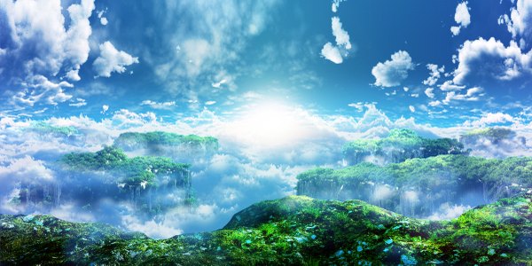 Anime picture 2400x1201 with original y-k highres wide image sky cloud (clouds) no people landscape fantasy scenic 3d plant (plants) tree (trees) forest sun