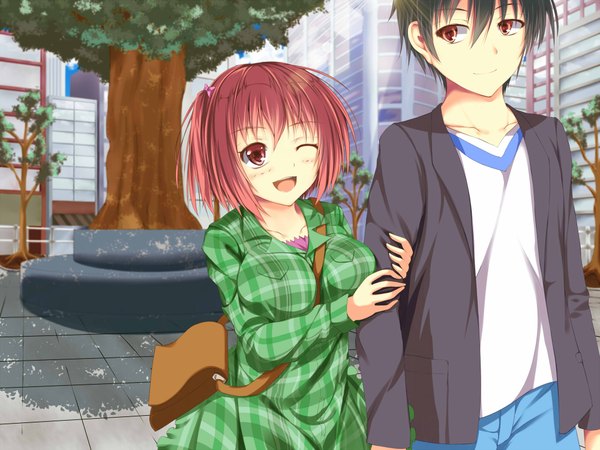 Anime picture 2000x1500 with hataraku maou-sama! white fox sasaki chiho maou sadao nakadadaichi highres short hair black hair smile red eyes red hair one eye closed wink couple girl dress boy plant (plants) tree (trees) bag