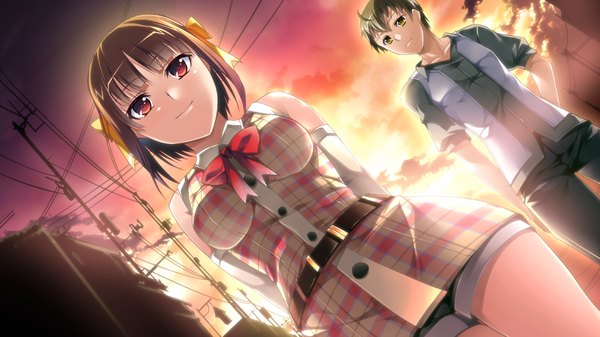 Anime picture 1280x720 with gensou douwa alicetale short hair red eyes brown hair wide image yellow eyes game cg evening sunset girl boy bow hair bow shorts bowtie