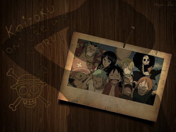 Anime picture 1024x768 with one piece toei animation nami (one piece) monkey d. luffy nico robin roronoa zoro sanji tony tony chopper usopp franky brook (one piece) long hair looking at viewer fringe open mouth black hair green hair light smile hair over one eye orange hair