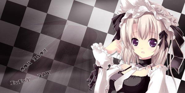 Anime picture 2560x1300 with original spirtie single highres short hair blonde hair wide image purple eyes third-party edit checkered background girl necktie