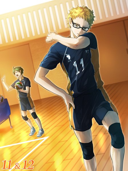 Anime picture 854x1142 with haikyuu!! production i.g tsukishima kei yamaguchi tadashi marichi tall image short hair blonde hair standing holding ahoge bent knee (knees) indoors green hair multiple boys hand on hip looking down freckles screaming boy