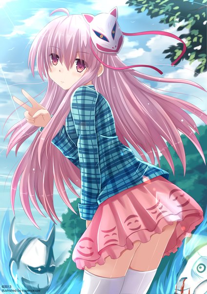 Anime picture 1343x1900 with touhou hata no kokoro kazenokaze single long hair tall image looking at viewer purple eyes sky purple hair cloud (clouds) looking back victory mask on head girl thighhighs skirt white thighhighs mask fox mask