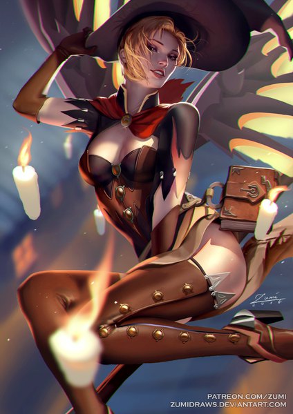 Anime picture 636x900 with overwatch blizzard entertainment mercy (overwatch) witch mercy zumi (zumidraws) single tall image looking at viewer short hair light erotic blonde hair smile sitting holding signed cleavage bent knee (knees) blurry realistic high heels