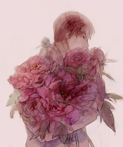 Anime picture 839x1000 with axis powers hetalia studio deen united kingdom (hetalia) pocket (artist) single tall image short hair simple background brown hair holding eyes closed pink background boy flower (flowers) bouquet