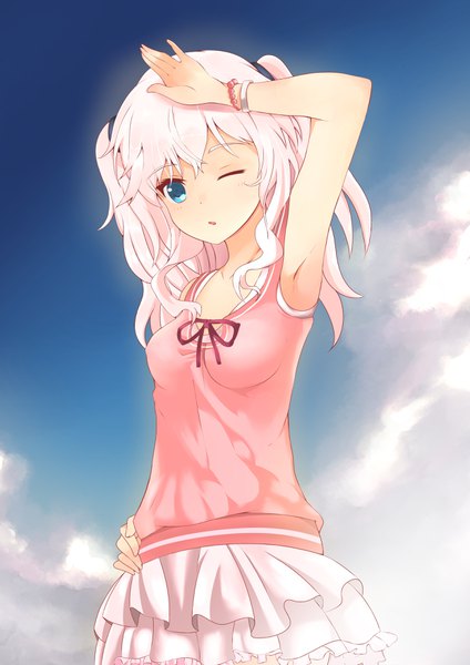 Anime picture 2480x3508 with charlotte p.a. works tomori nao sylux single long hair tall image highres open mouth blue eyes looking away pink hair sky cloud (clouds) parted lips one eye closed armpit (armpits) two side up hand on hip hand on head