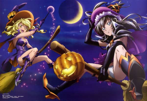 Anime picture 5928x4081 with star plus one megami magazine long hair blush highres open mouth blue eyes light erotic black hair blonde hair multiple girls yellow eyes absurdres official art pantyshot halloween witch girl dress gloves