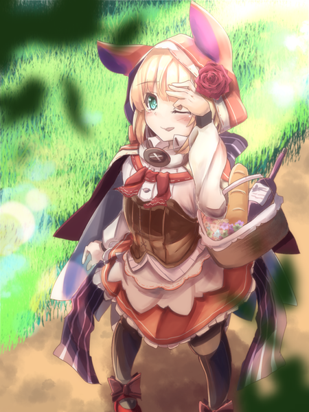 Anime picture 1200x1600 with little red riding hood little red riding hood (character) uta miku single tall image looking at viewer blush fringe short hair open mouth blonde hair smile holding animal ears one eye closed aqua eyes from above lens flare girl thighhighs