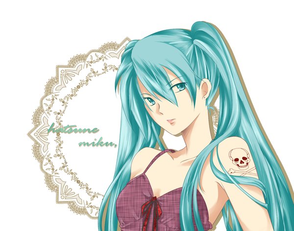 Anime picture 1300x1024 with vocaloid hatsune miku sss3 single long hair twintails bare shoulders green eyes green hair tattoo girl skull