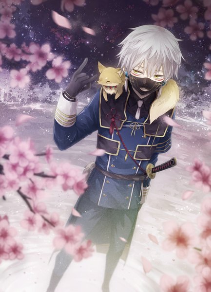 Anime picture 628x869 with touken ranbu nitroplus nakigitsune nakigitsune's fox angel31424 single tall image short hair standing yellow eyes looking away wind grey hair cherry blossoms animal on shoulder fox shadow puppet boy gloves weapon plant (plants)