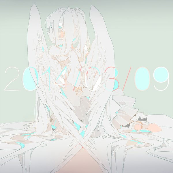 Anime picture 1039x1039 with vocaloid hatsune miku rella single sitting twintails white hair very long hair looking back inscription angel wings sketch 39 girl skirt miniskirt wings headphones vest