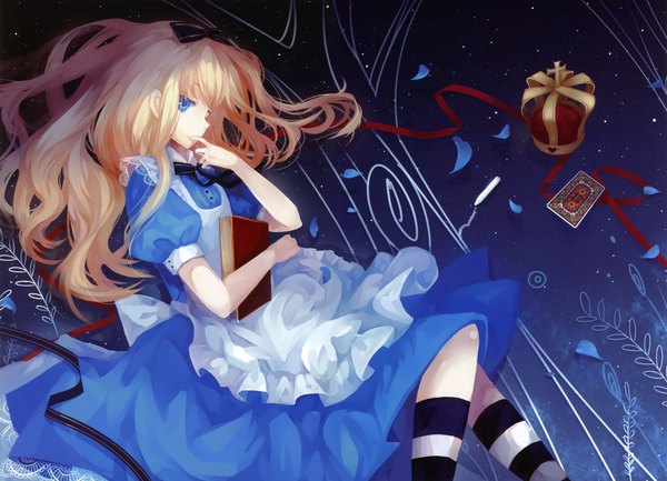 Anime picture 4212x3046 with alice in wonderland alice (wonderland) dhiea long hair highres blue eyes blonde hair absurdres girl dress ribbon (ribbons) petals book (books) crown