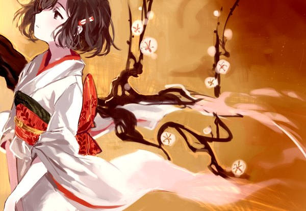 Anime picture 1600x1109 with original tan (tangent) single short hair brown hair brown eyes japanese clothes girl belt kimono obi