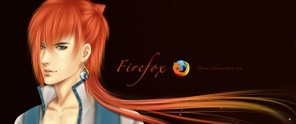 Anime picture 1200x505 with os-tan firefox myme1 single long hair looking at viewer blue eyes simple background wide image light smile lips orange hair realistic inscription black background boy earrings