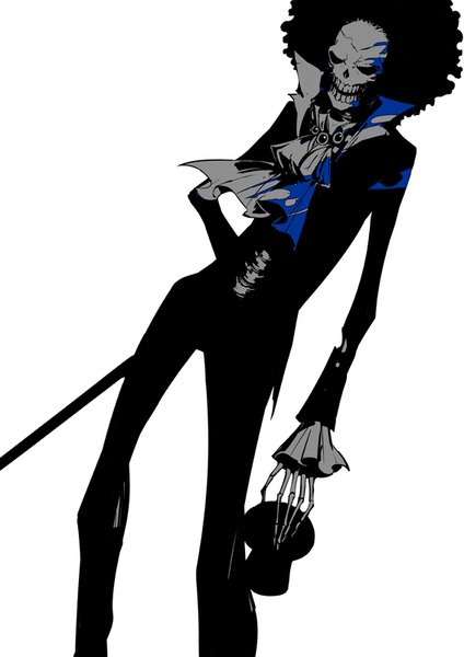 Anime picture 566x800 with one piece toei animation brook (one piece) zmore single tall image short hair simple background standing white background holding skeleton curly hair polychromatic high contrast boy necktie neckerchief
