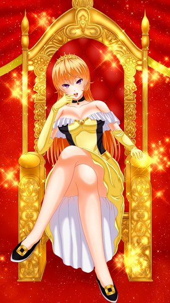 Anime picture 1125x2000 with shokugeki no soma j.c. staff nakiri erina zuo zuo single long hair tall image looking at viewer blush fringe breasts open mouth light erotic blonde hair large breasts sitting purple eyes bare shoulders legs crossed legs