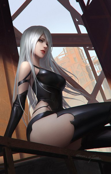 Anime picture 1200x1866 with nier nier:automata yorha type a no. 2 qichao wang single long hair tall image looking at viewer fringe breasts blue eyes light erotic hair between eyes sitting bare shoulders signed white hair parted lips lips realistic