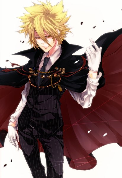Anime picture 787x1145 with katekyou hitman reborn vongola primo giotto azu-man (artist) single tall image short hair simple background blonde hair smile white background yellow eyes wind boy gloves necktie white gloves cape suit